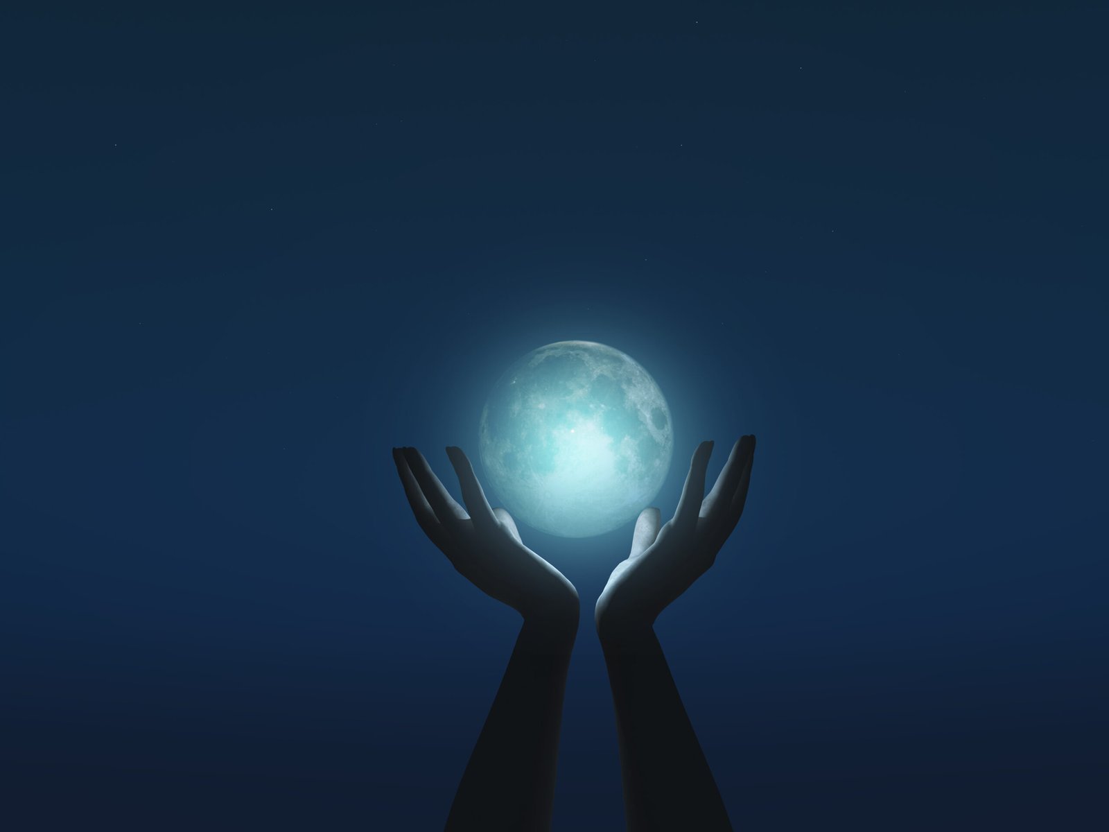 3D female hands cupping the moon
